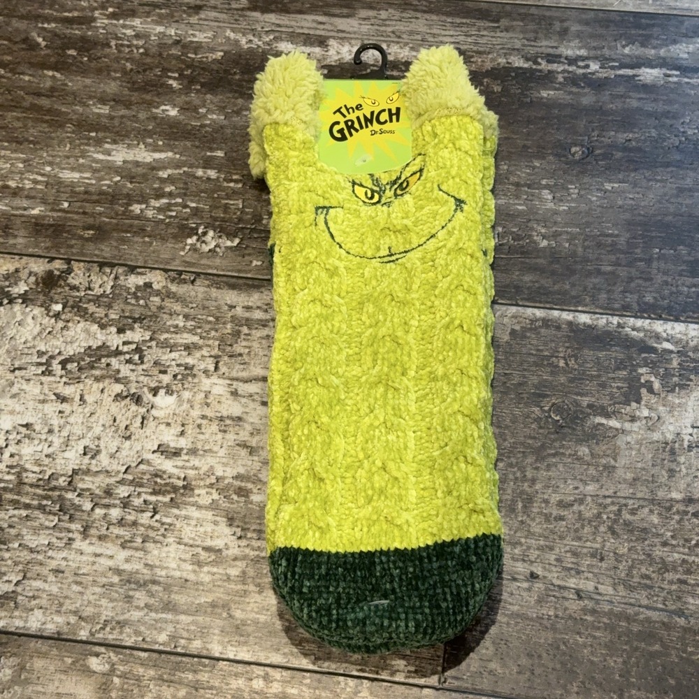 Bioworld Dr Seuss The Grinch Slipper Socks Womens 5-10 Green Fuzzy Non-Slip NEW - Picture 8 of 8